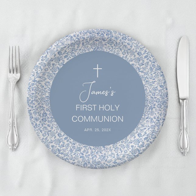 Boy First Communion Blue and White Floral Pattern Paper Plate (Creator Uploaded)