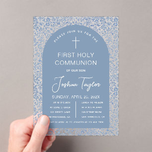 Boy First Communion Blue Arch Floral Pattern  Acrylic Invitations