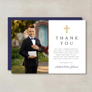 Boy First Communion Blue Cross Photo Thank You Card