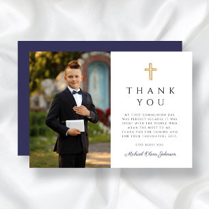 Boy First Communion Blue Cross Photo Thank You Card