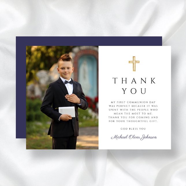 Boy First Communion Blue Cross Photo Thank You Card (Boy First Communion Blue Cross Photo Thank You Card)