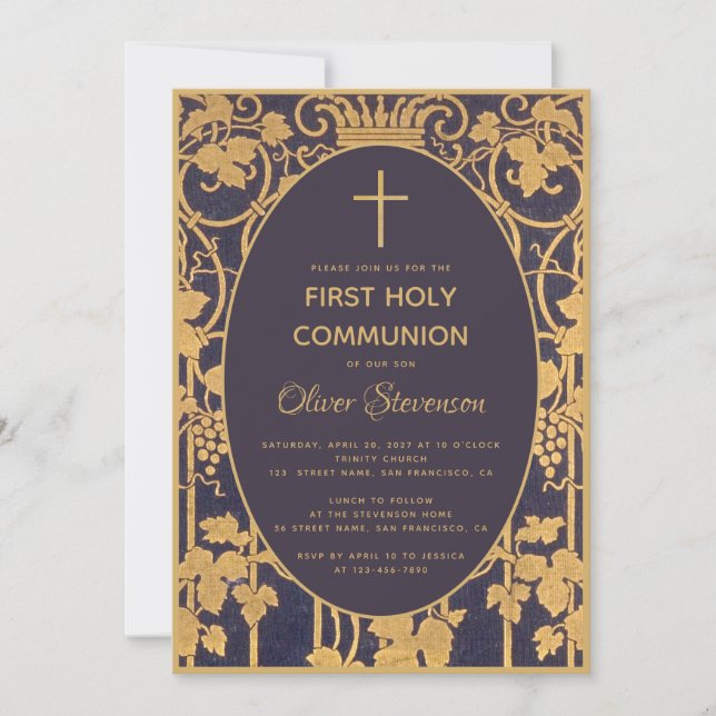 Boy First Communion Blue Elegant Gold Vines Grapes Invitation (Front)