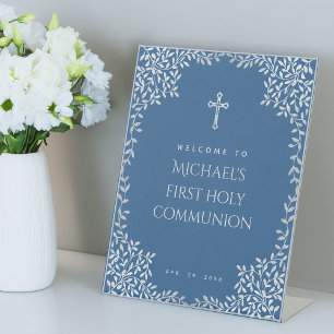 Boy First Communion Blue Silver Leaves Welcome Pedestal Sign