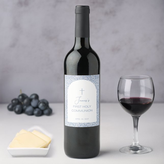 Boy First Communion Blue White Floral Pattern Arch Wine Label (Creator Uploaded)