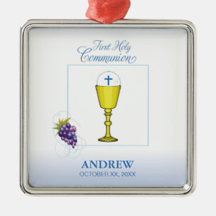 Boy First Communion, Chalice with Host and Grapes Metal Ornament