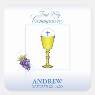 Boy First Communion, Chalice with Host and Grapes Square Sticker