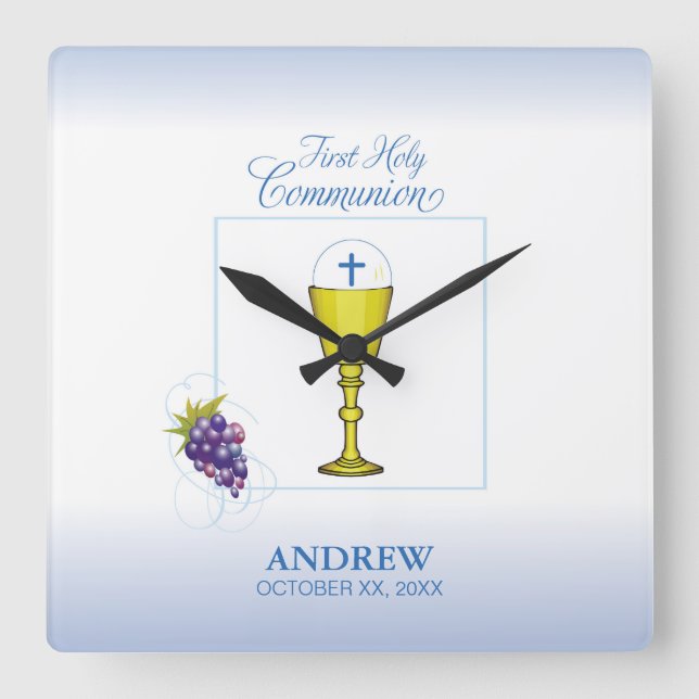 Boy First Communion, Chalice with Host and Grapes Square Wall Clock (Front)