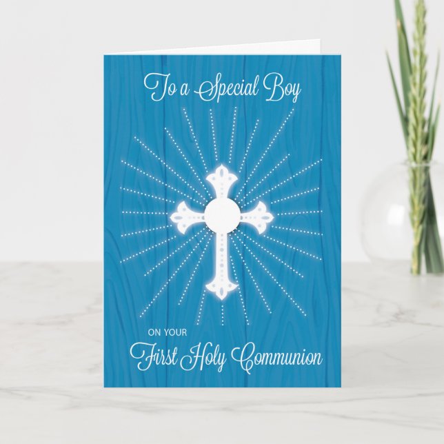Boy First Communion Cross and Rays on Blue Wood Card (Front)