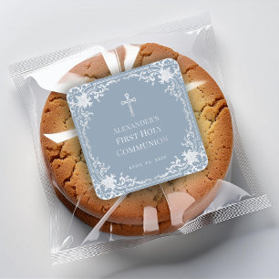 Boy First Communion Dusty Blue Elegant Faux Silver Square Sticker