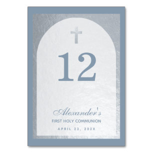 Boy First Communion Dusty Blue Faux Silver Cross Table Number