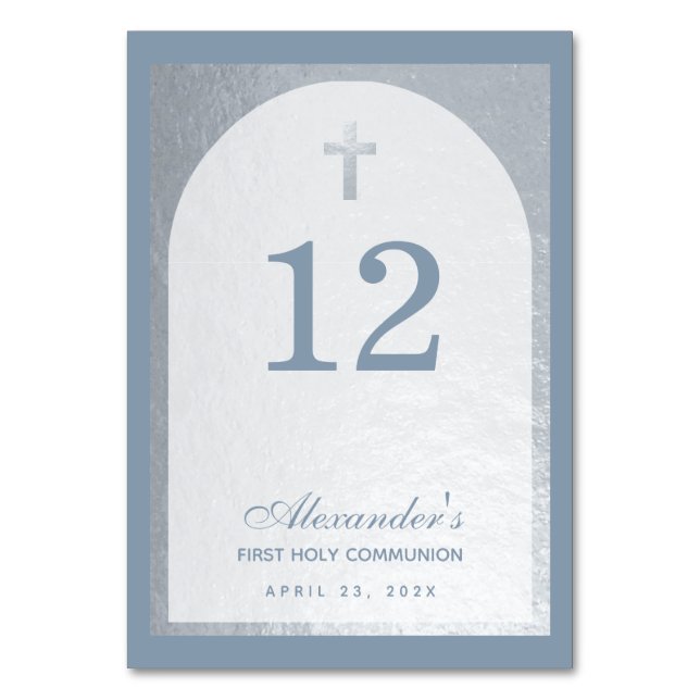 Boy First Communion Dusty Blue Faux Silver Cross Table Number (Front)