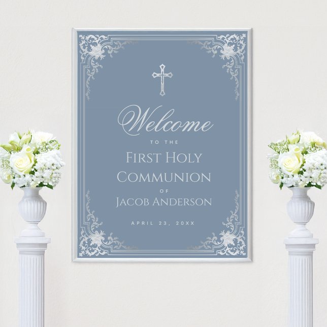 Boy First Communion Dusty Blue Vintage Welcome Poster (Creator Uploaded)