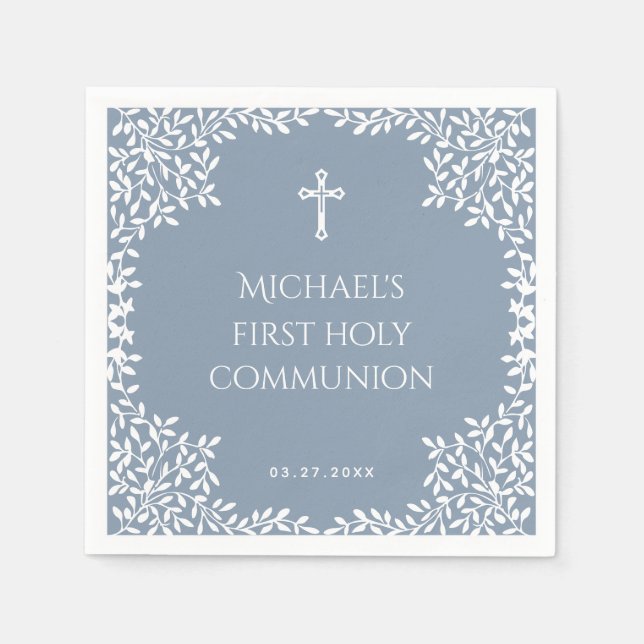 Boy First Communion Dusty Blue White Leaves Ornate Napkin (Front)