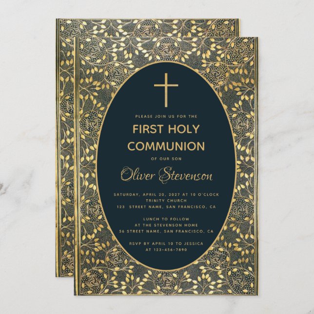 Boy First Communion Elegant Blue Gold Leaves Cross Invitation (Front/Back)