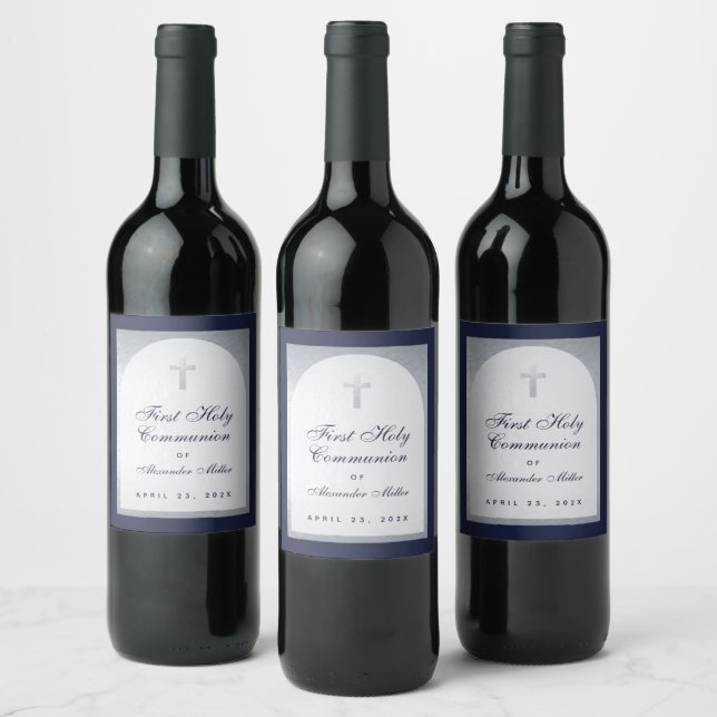 Boy First Communion  Faux Silver Arch Navy Blue  Wine Label (Bottles)