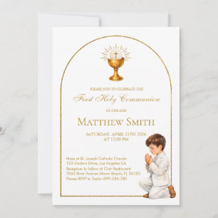 Boy First Communion Gold Boho Arch & Chalice Invitation