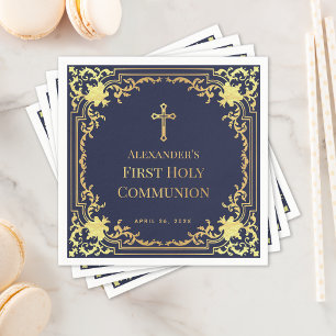 Boy First Communion Navy Blue Faux Gold Cross Napkin