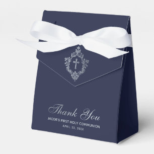 Boy First Communion Navy Blue Faux Silver Crest Favour Box