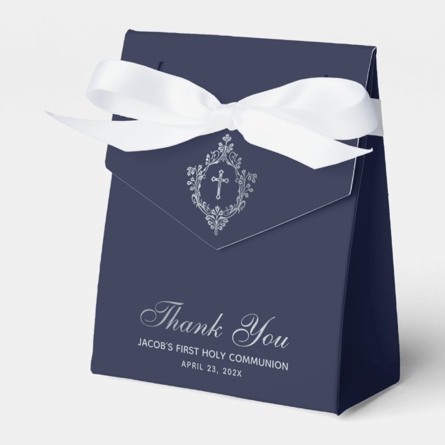 Boy First Communion Navy Blue Faux Silver Crest Favour Box (Front Side)