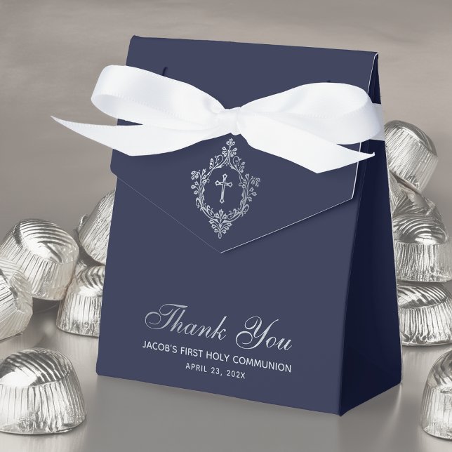 Boy First Communion Navy Blue Faux Silver Crest Favour Box (Creator Uploaded)