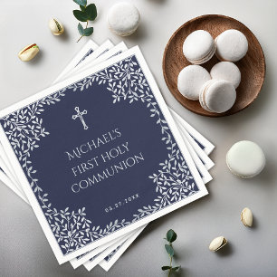 Boy First Communion Navy Blue & Faux Silver Leaves Napkin