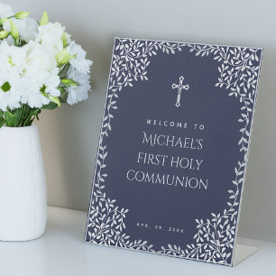 Boy First Communion Navy Blue Faux Silver Leaves Pedestal Sign