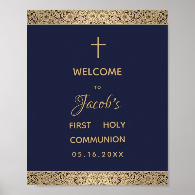 Boy First Communion Navy Blue Gold Roses Welcome Poster (Front)