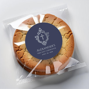 Boy First Communion Navy Blue Vintage Cross Crest Classic Round Sticker