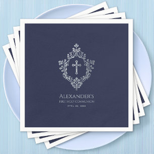 Boy First Communion Navy Blue Vintage Cross Crest Napkin