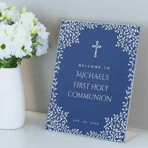 Boy First Communion Royal Blue Leaves Welcome  Pedestal Sign