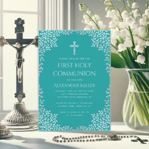 Boy First Communion Teal Elegant Silver Leaves Invitation