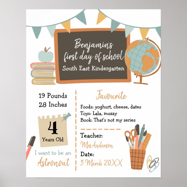 Boy First Day of Kindergarten Sign (Front)