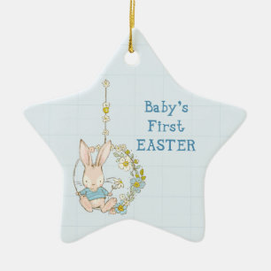 Boy First Easter Bunny on Flower Swing Ceramic Orn Ornament