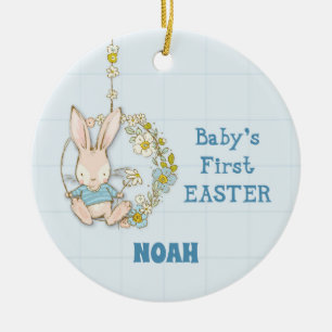 Boy First Easter Bunny on Flower Swing Ceramic Ornament