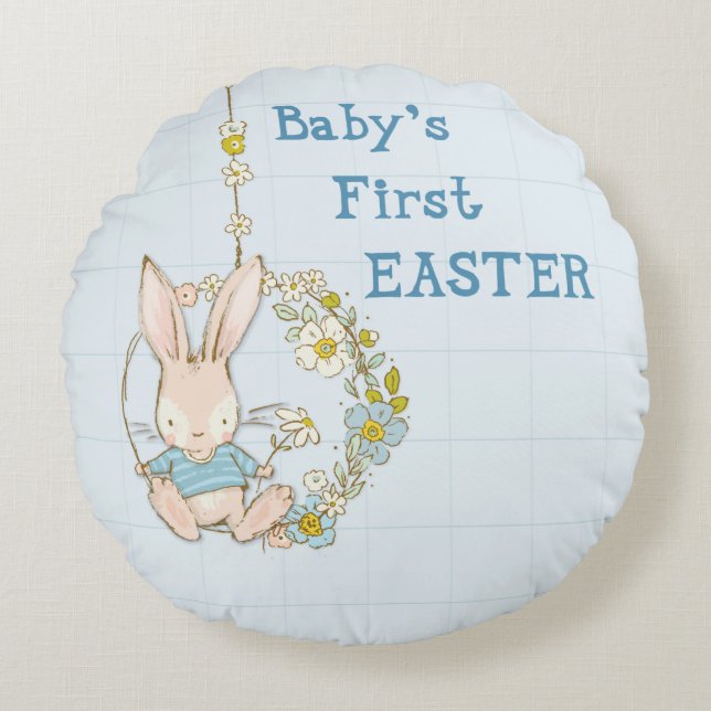 Boy First Easter Bunny on Flower Swing Round Pillo Cushion (Front)