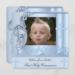 Boy First Holy Communion Blue Photo Confirmation 2 Invitation