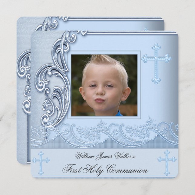 Boy First Holy Communion Blue Photo Confirmation 3 Invitation (Front/Back)