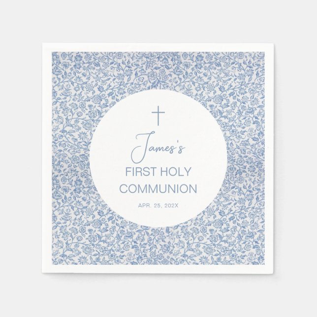 Boy First Holy Communion Blue White Floral Pattern Napkin (Front)