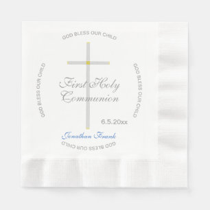 Boy First Holy Communion Cross Blue Name Napkin