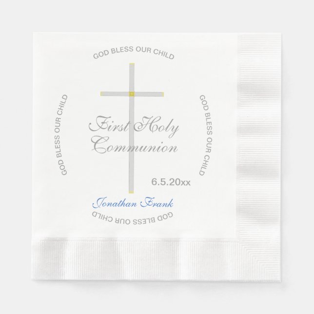 Boy First Holy Communion Cross Blue Name Napkin (Front)