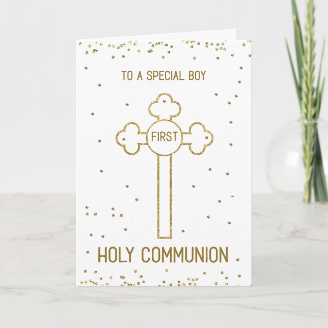 Boy First Holy Communion Gold Look Cross Card (Front)