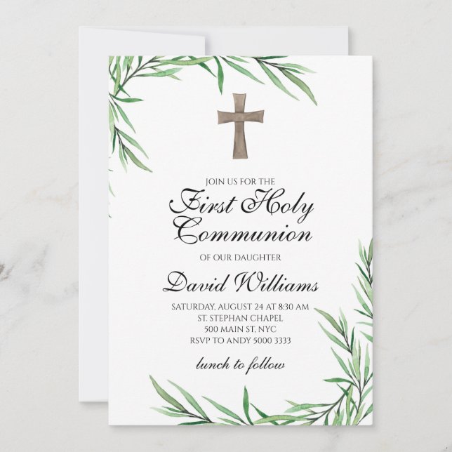Boy First Holy Communion Greenery Elegant Invitation (Front)