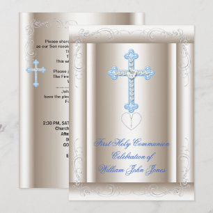 Boy First Holy Communion Sepia Blue Invitation