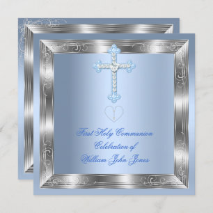 Boy First Holy Communion Silver Blue 2a Invitation