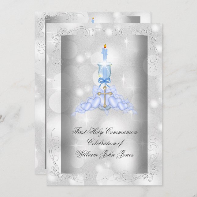 Boy First Holy Communion Silver Blue Boys Invitation (Front/Back)