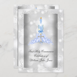 Boy First Holy Communion Silver Blue Boys Invitation