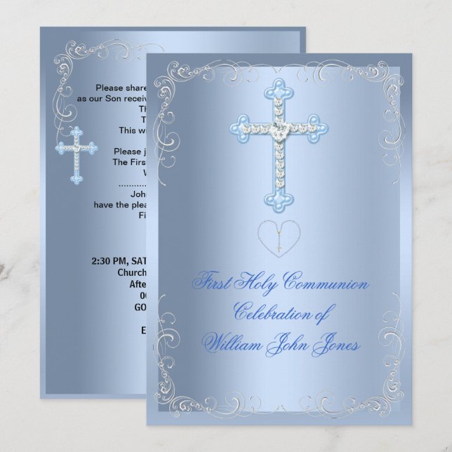 Boy First Holy Communion Silver Blue Invitation (Front/Back)