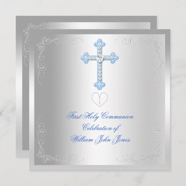 Boy First Holy Communion Silver Blue Invitation (Front/Back)