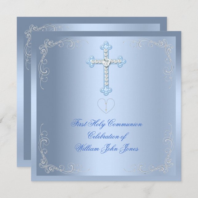 Boy First Holy Communion Silver Blue Invitation (Front/Back)