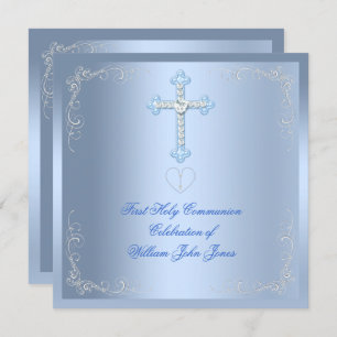 Boy First Holy Communion Silver Blue Invitation
